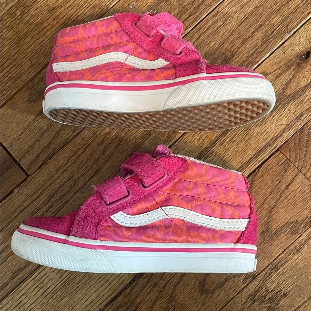 Vans Kids' Pink and Orange Leopard Velcro Sneakers size 7 toddler